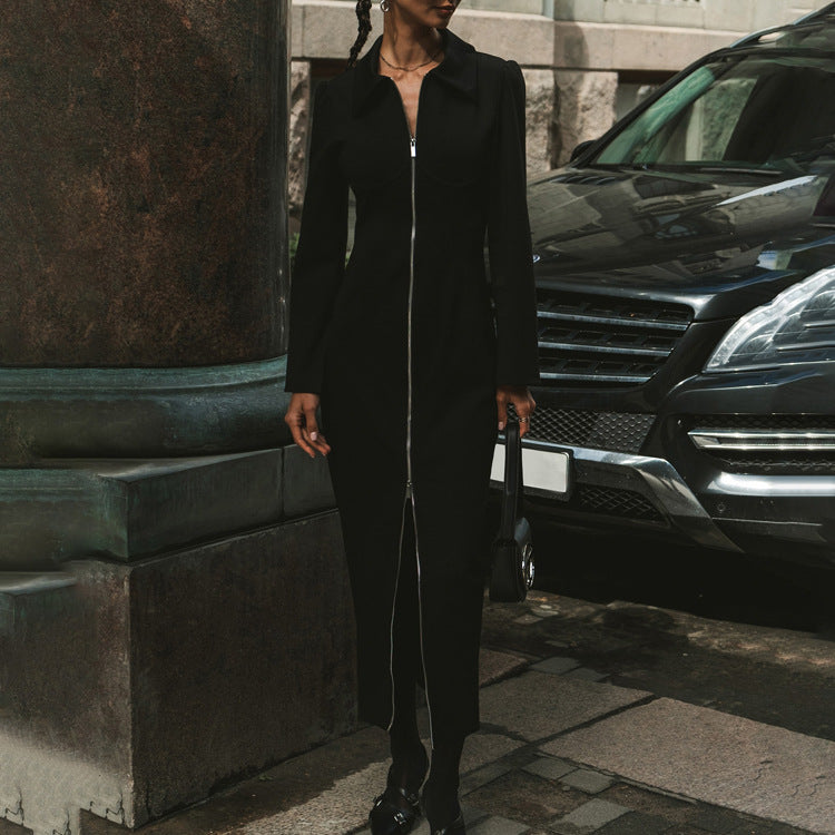Cardigan Sheath Dress Polo Collar Long Sleeve Zipper Black Dress