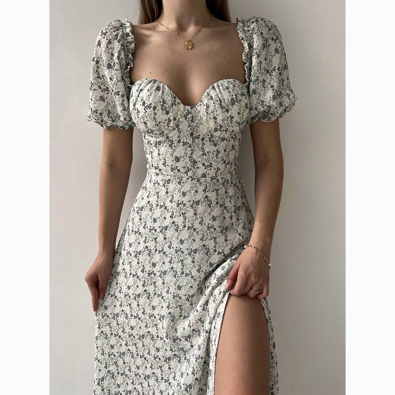 Internet Small Floral Print Waist-Tight Mid-Length Dress