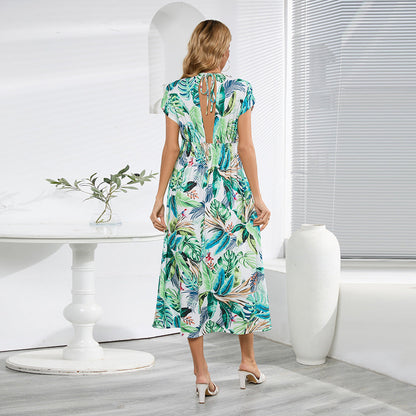 Fashionable Batwing Sleeve V neck Backless Lace up Dress Printed