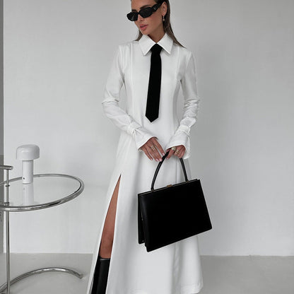 Early Elegant College Collared Long Sleeve Split Dress Tie Dress