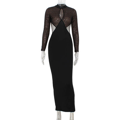 Night Club Sequin Stitching Hollow Out Cutout Backless Skinny Hip Dress