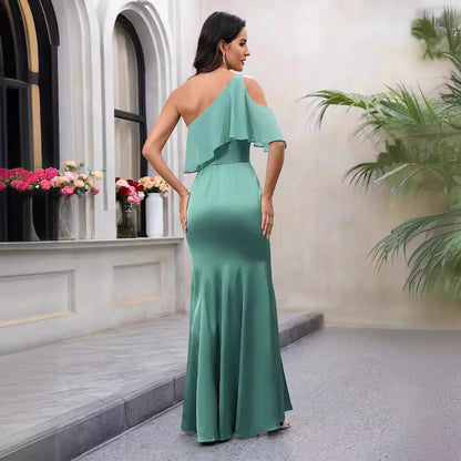 Diagonal Collar off the Shoulder Dress Solid Color Waist Tight Elegant Graceful Dress High Slit Maxi Dress
