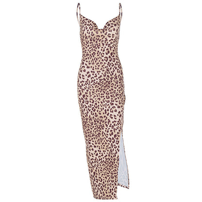 Leopard Print Sling Slim Fit Backless Split Dress