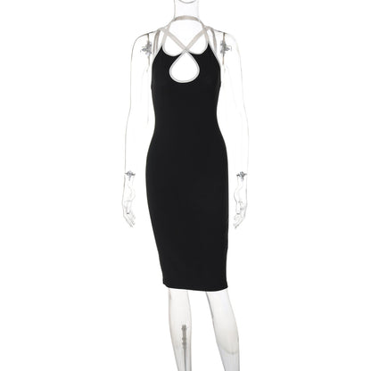 Contrast Color Hollow Out Cutout Slim Fit Dress Halter Backless Lace up Hip