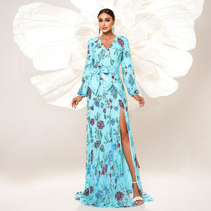 High End Long Sequined Long Sleeve V neck Cocktail Evening Dress Bridesmaid