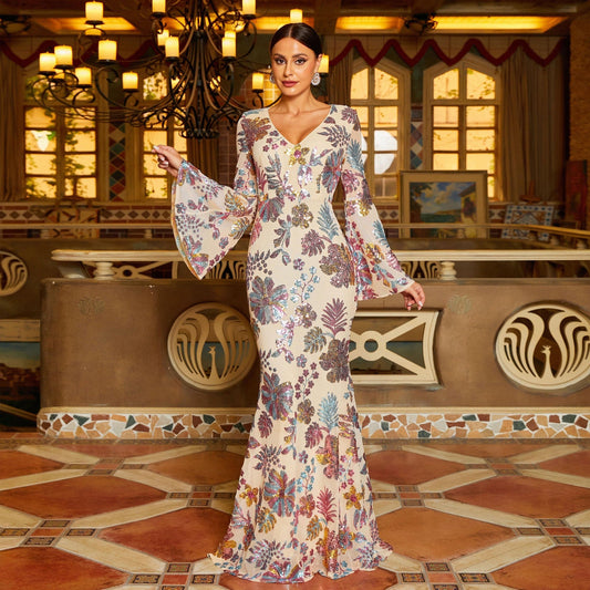 High End Long Sleeved Elegant V neck Long Sequined Cocktail Evening Dress Bridesmaid Dress