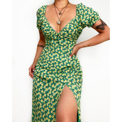 Floral Floral Print Fresh Sweet V-neck Mid-Length Dress