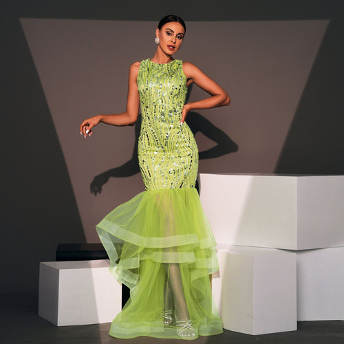 Elegant Long Sequined Sleeveless Round Neck Cocktail Evening Dress Bridesmaid Dress