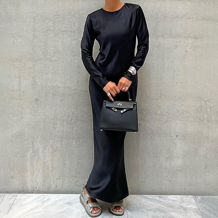 Early Satin Draping Dress round Neck High Waist Long Sleeve Dress