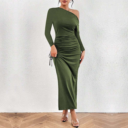 French Diagonal Collar  Unique Design High Waist Dress