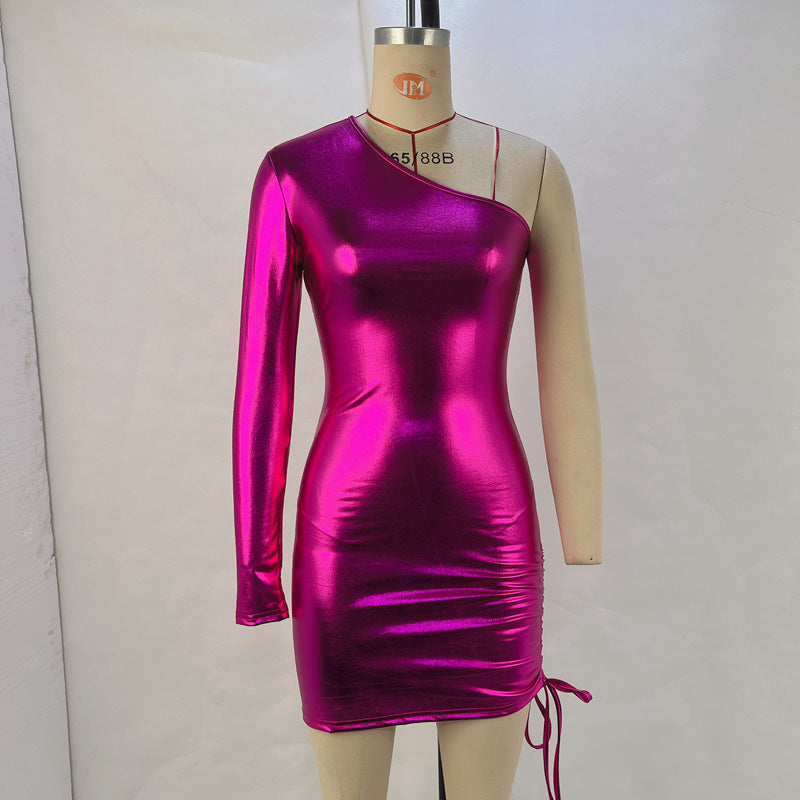Metallic Coated Fabric Oblique Shoulder Waist Drawstring Bag Hip Dress Nightclub