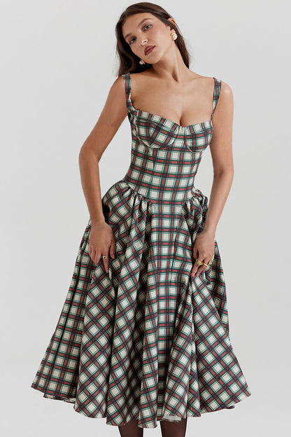 European Girl U Neck Plaid Sling Slim Waist Retro Big Swing