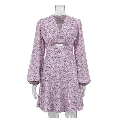 Long Sleeve V neck pirational Design Dress Slimming Printed French Dress