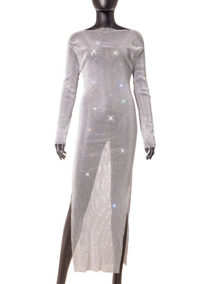 High Split Maxi Dress Mesh Rhinestone Round Neck Dress