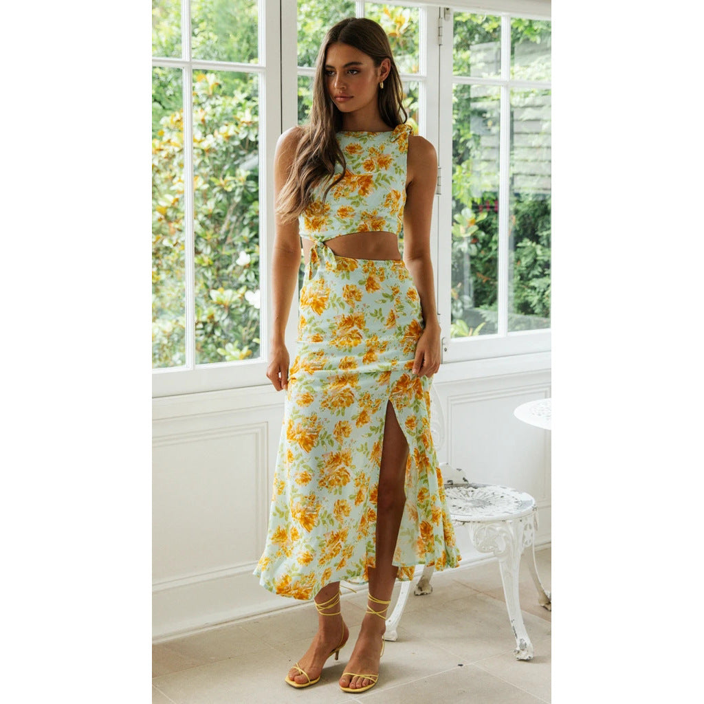 Digital Floral Print Fresh Vestidos Sweet Tie-Neck Sleeveless Estampado Floral Dress