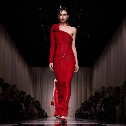 Christmas Red Three-Dimensional One Shoulder Floral Sequin Formal Dress Stretch Dress Winter