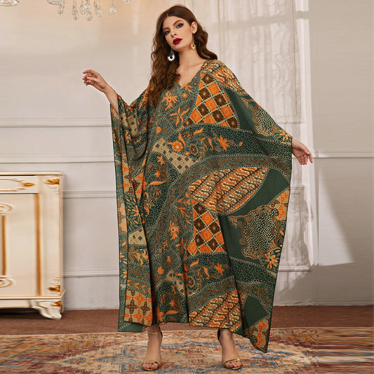 Irregular Asymmetric Dress Fall Long Printed V neck Batwing Sleeve