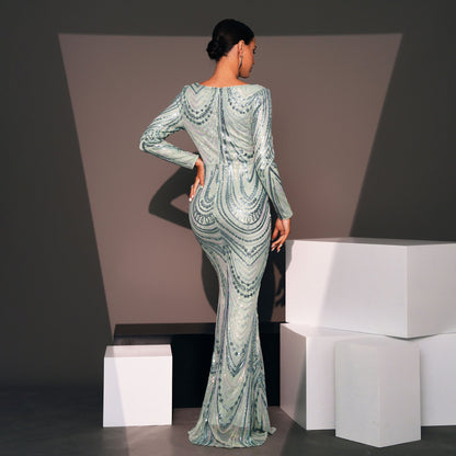 Long Sleeved Elegant V-neck Slim Fit Long Sequined Cocktail Evening Dress Bridesmaid