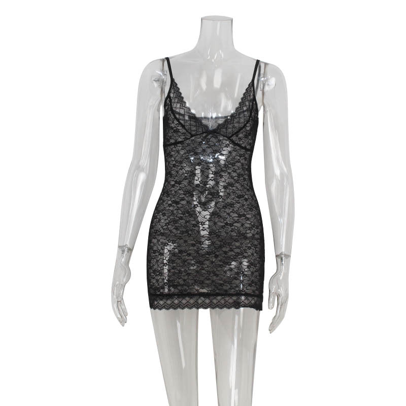 Low Cut Sling Lace See through Sheath Dress