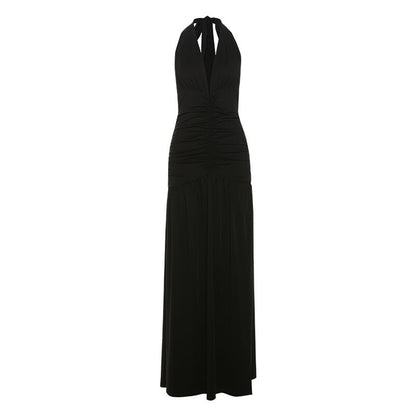 Elegant Halter V neck Dress Slit Pleated Backless Dress