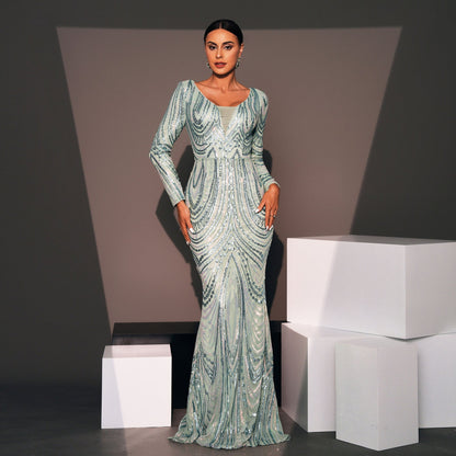 Long Sleeved Elegant V-neck Slim Fit Long Sequined Cocktail Evening Dress Bridesmaid