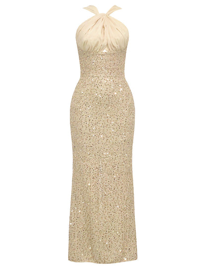 Dress Halter Stitching Sequined Sleeveless Slim Fit Backless Dress