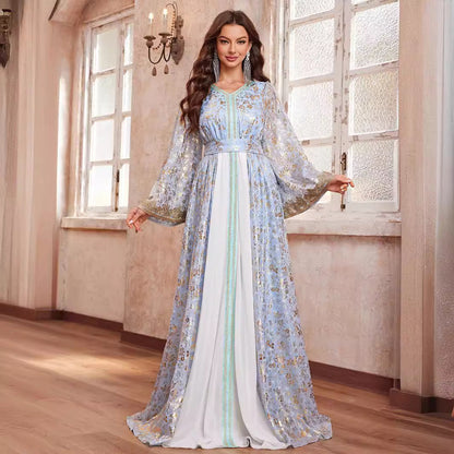 High Class Dubai Maxi Middle East Dress Printed V neck Long Sleeve Ethnic Dress