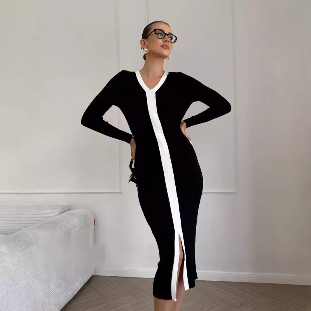 Long Sleeve V neck Stitching Contrast Color Knitted Dress Slim Slimming  Tight