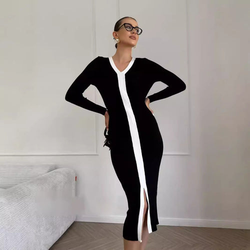 Long Sleeve V neck Stitching Contrast Color Knitted Dress Slim Slimming  Tight