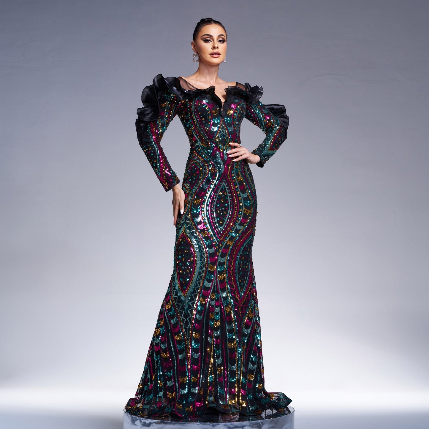 Long Sleeve V neck Hollow Out Cutout out Long Sequined Cocktail Fishtail Evening Dress Bridesmaid