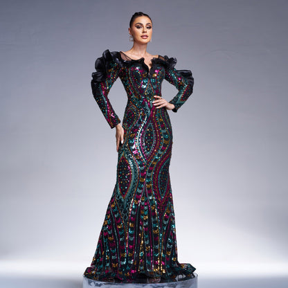 Long Sleeve V neck Hollow Out Cutout out Long Sequined Cocktail Fishtail Evening Dress Bridesmaid