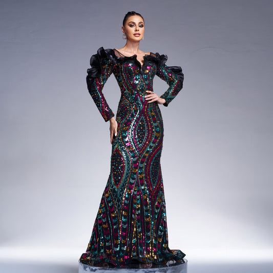 Long Sleeve V neck Hollow Out Cutout out Long Sequined Cocktail Fishtail Evening Dress Bridesmaid