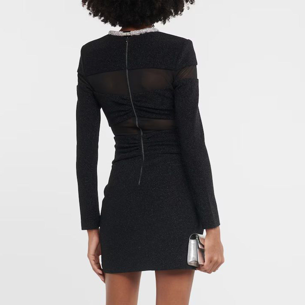 Bow Mesh Rhinestone Strip Dress Black Long Sleeve Semi Transparent