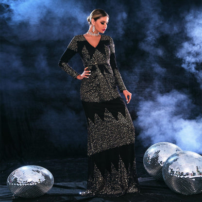 Long Sleeved Elegant V Neck Slim Fit Long Sequined Cocktail Evening Dress Bridesmaid Dress