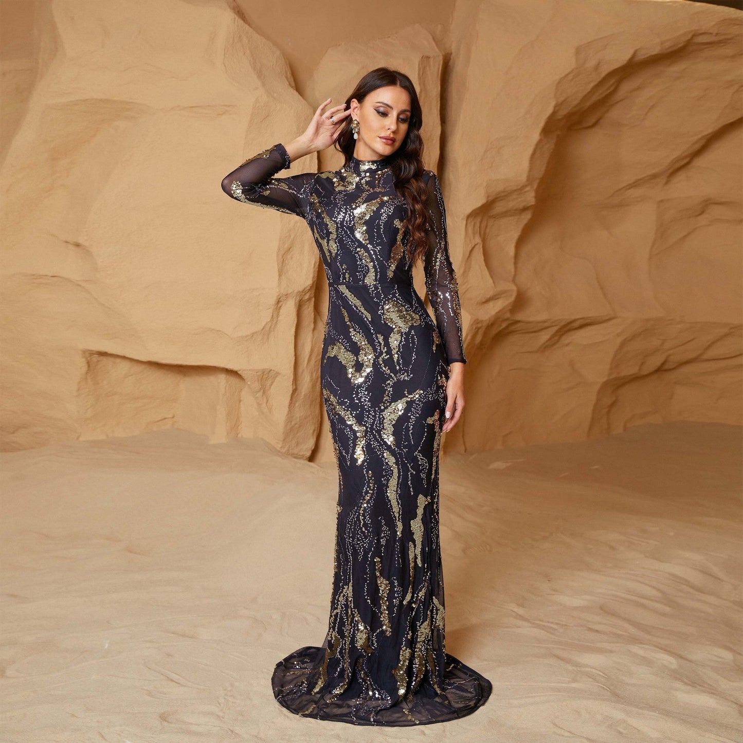 Long Sleeve Crew Neck Slim Long Sequined Cocktail Evening Dress Bridesmaid