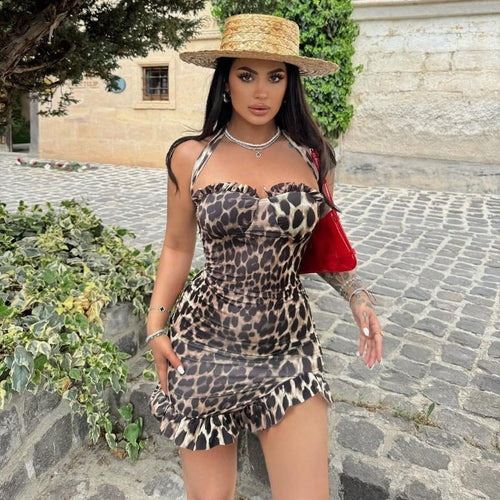 Leopard Print Lace up Backless Slim Hip Short Dress