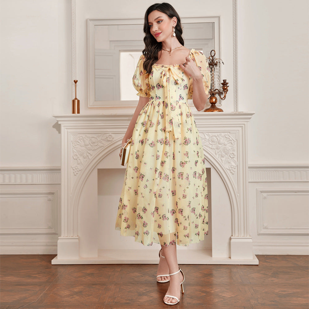 Elegant Mesh Square Collar Puff Sleeve High Waist Dress