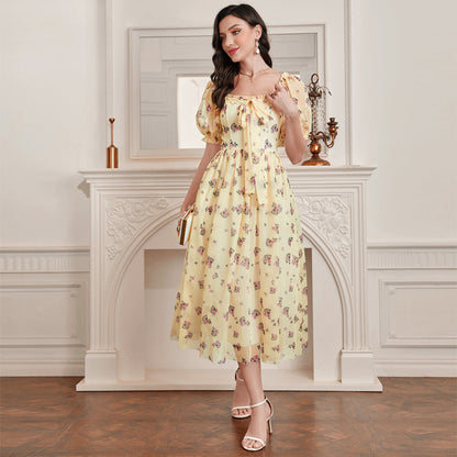 Elegant Mesh Square Collar Puff Sleeve High Waist Dress