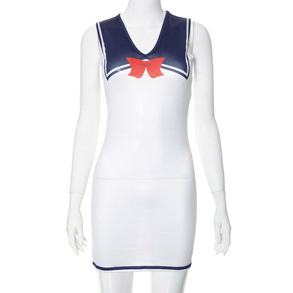 Color Contrast Sleeveless Bow Dress