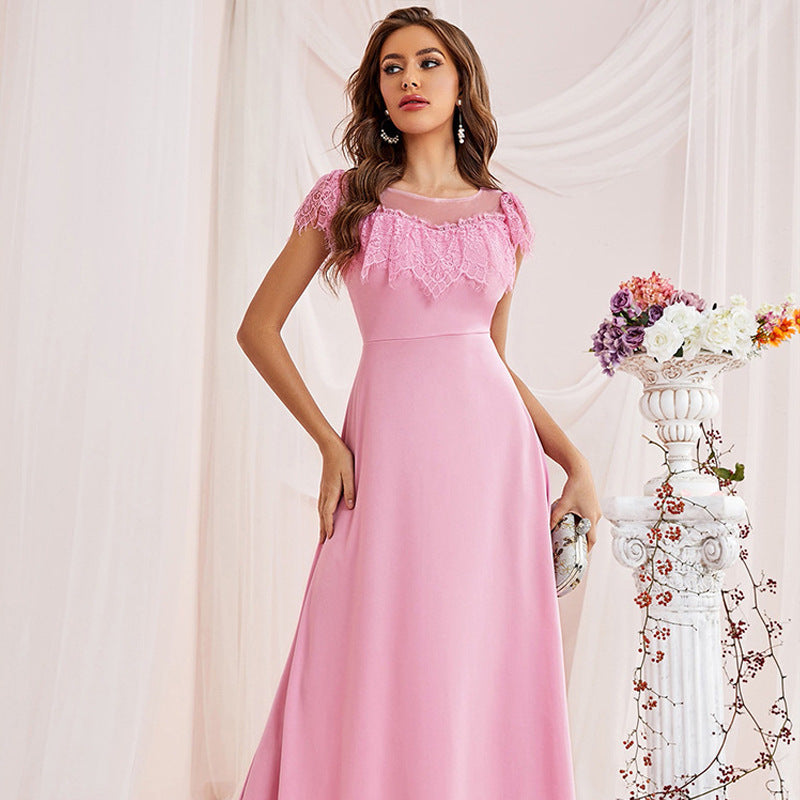 Dress Embroidered Long Lace High Waist Round Neck Large Swing Dress