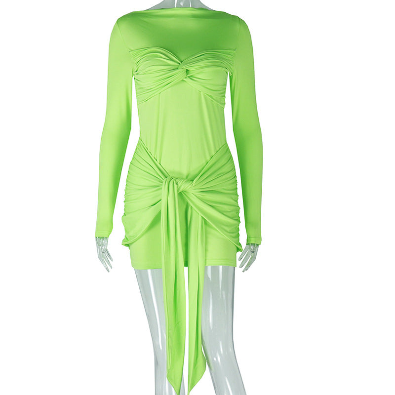 Elegant Stitching Solid Color Tied Bag Hip Long Sleeve round Neck High Waist Short Dress