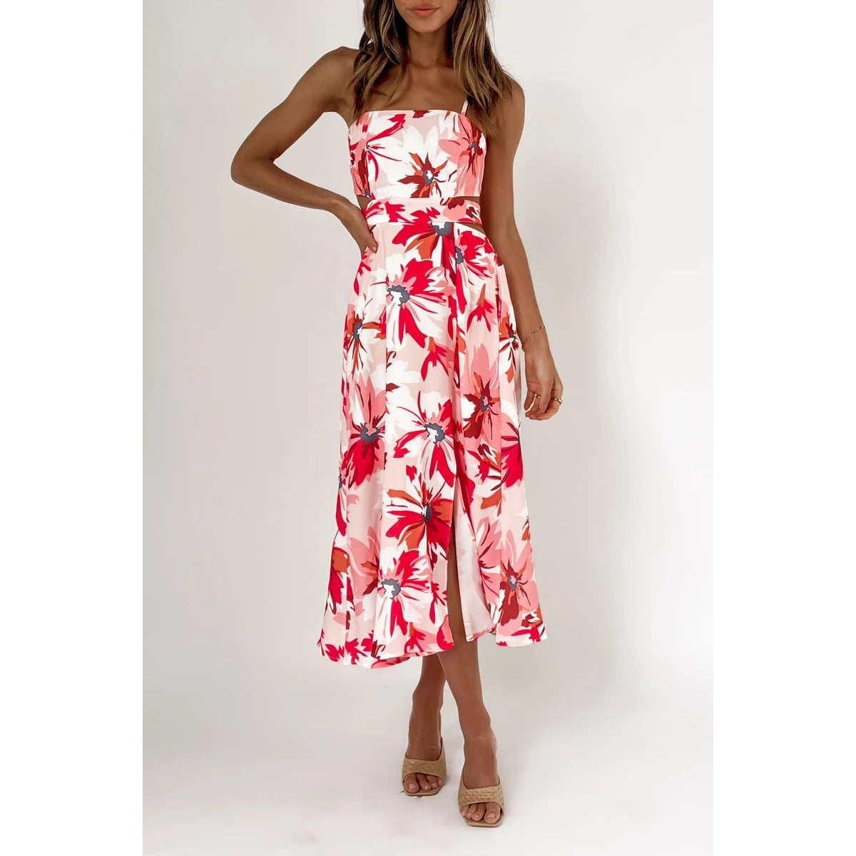 Digital Floral Print Fresh Vestidos Sweet Back Lace-up Estampado Floral Dress