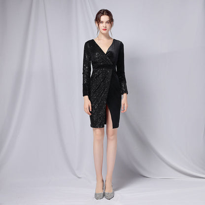 Korean Velvet Polyester Sequin Evening Dress Black Velvet Slimming Fishtail Dress Cocktail Short Length