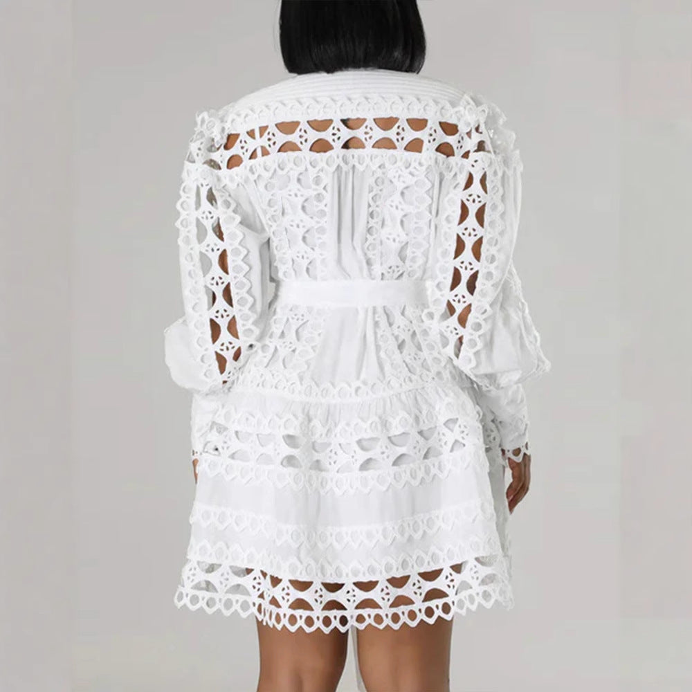 Lace Stitching Hollow Out Cutout Long Shirt Dress