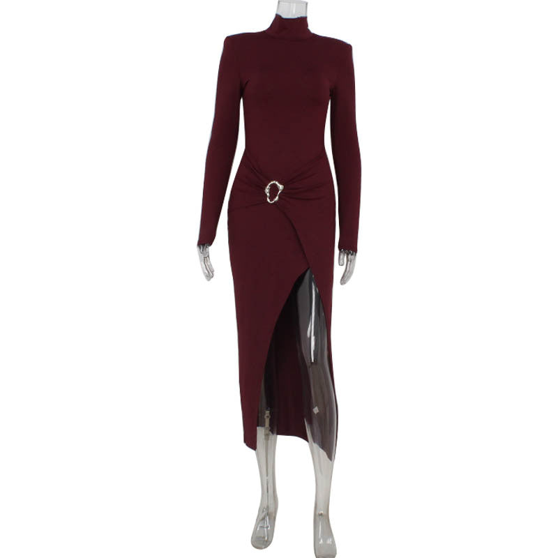 Fall High Collar Long Sleeve Waist High Split Slim Fit Hip Bag Dress