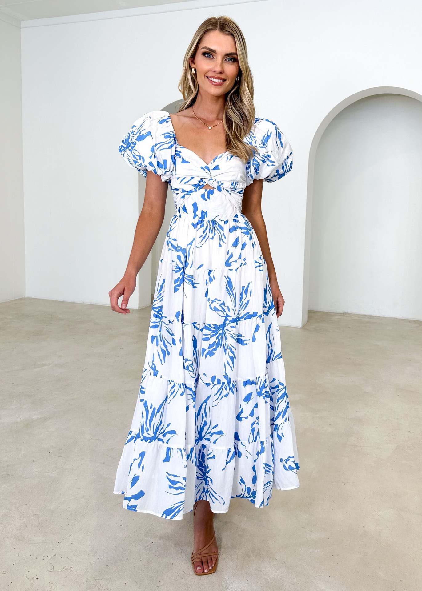 Elegant Puff Sleeve V neck Hollow Out Cutout out Printed Dress for