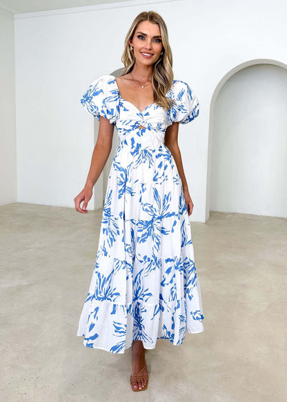 Elegant Puff Sleeve V neck Hollow Out Cutout out Printed Dress for