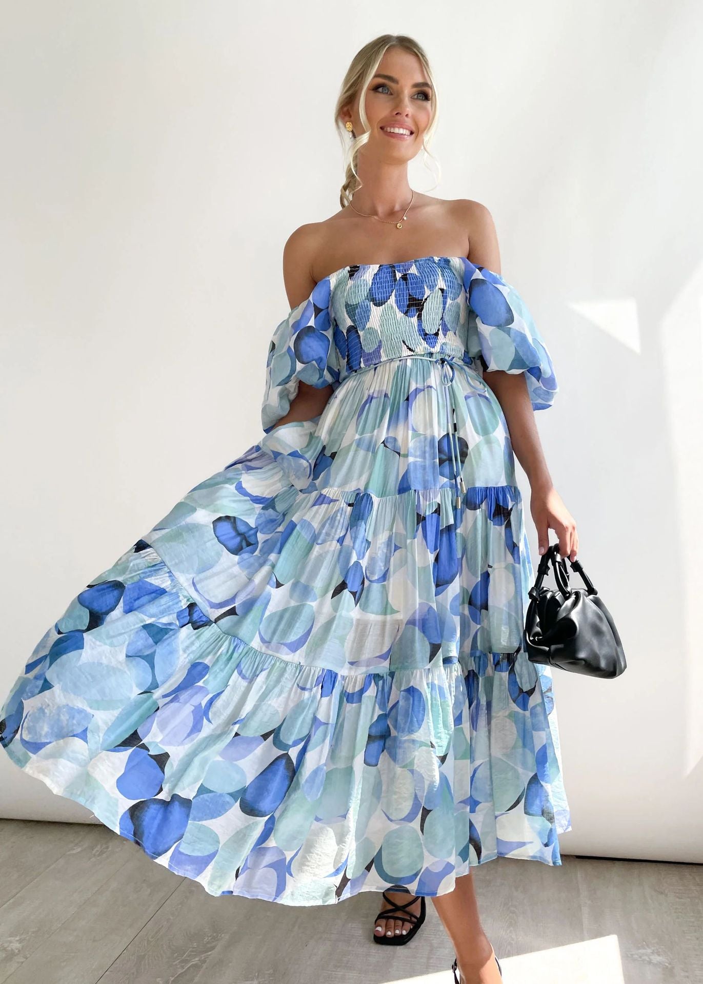 Holiday Slim Fit Backless Large Swing Dress off-Neck Printed Dress Summer