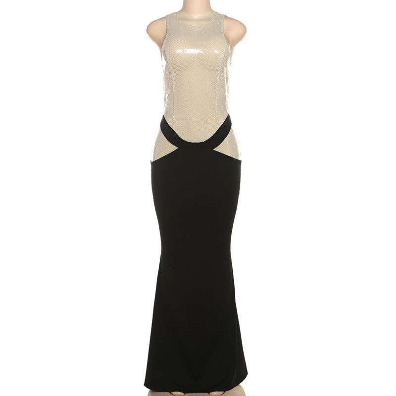 Elegant Pullover Sleeveless round Neck Sequ Color Matching Maxi Dress