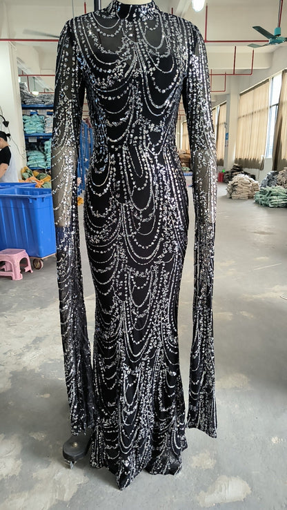 High End Long Sequined Long Sleeve Round Neck Cocktail Evening Dress Bridesmaid Dress